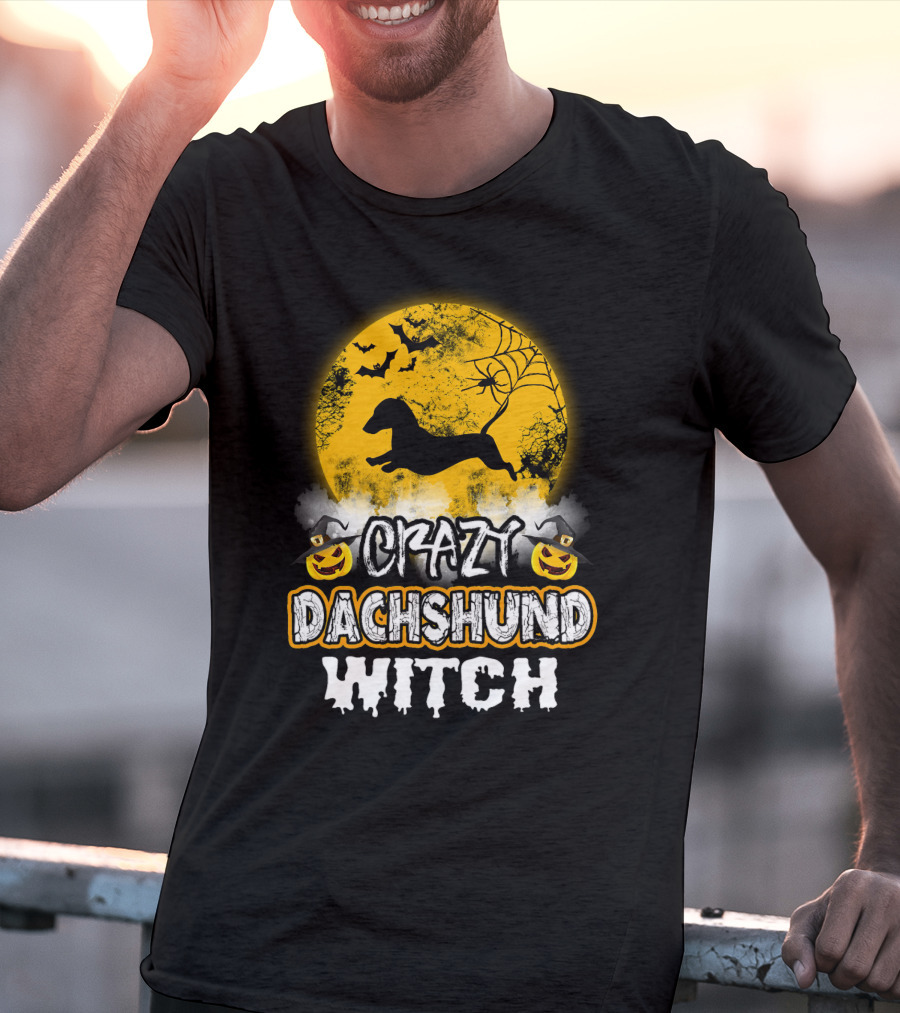 Crazy Dachshund Witch Moon Bats Pumpkin T-Shirt