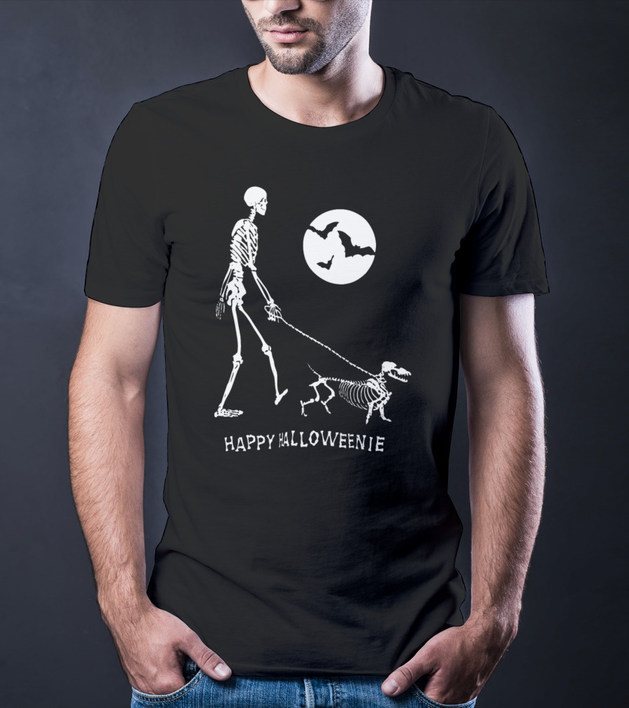 Happy Halloweenie Dachshund Skeleton Moon Bats T-Shirt