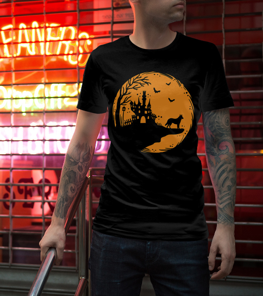 Halloween Dog Silhouette With Haunted Castle And Bats T-Shirt