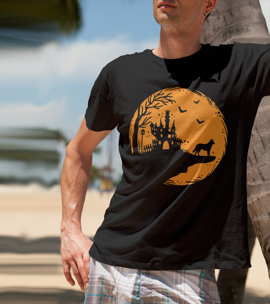 Halloween Dog Silhouette With Haunted Castle And Bats T-Shirt