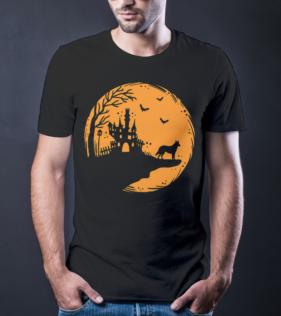 Halloween Dog Silhouette With Haunted Castle And Bats T-Shirt