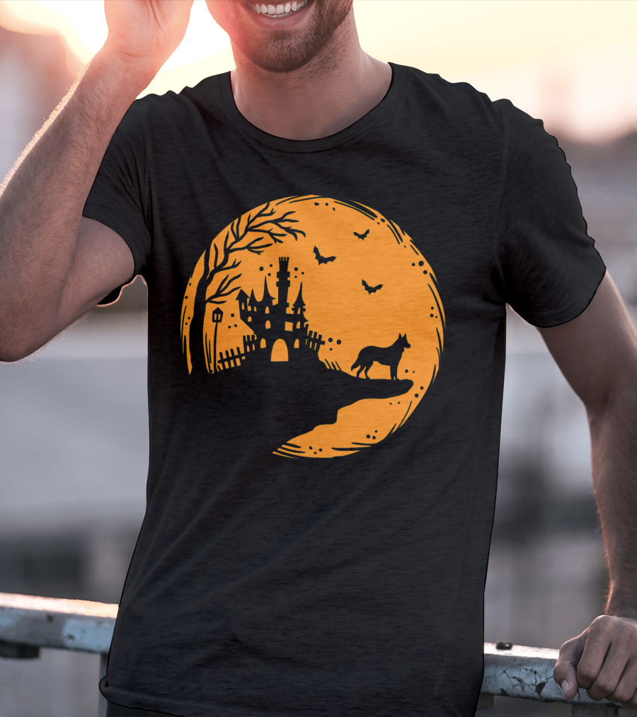 Halloween Dog Silhouette With Haunted Castle And Bats T-Shirt