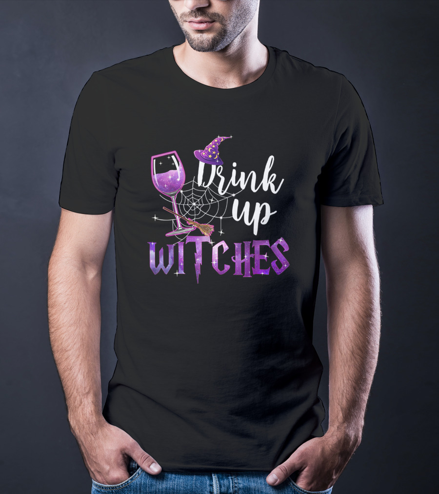 Drink Up Witches Halloween Wine Glass Witch Hat Broom Spiderweb T-Shirt