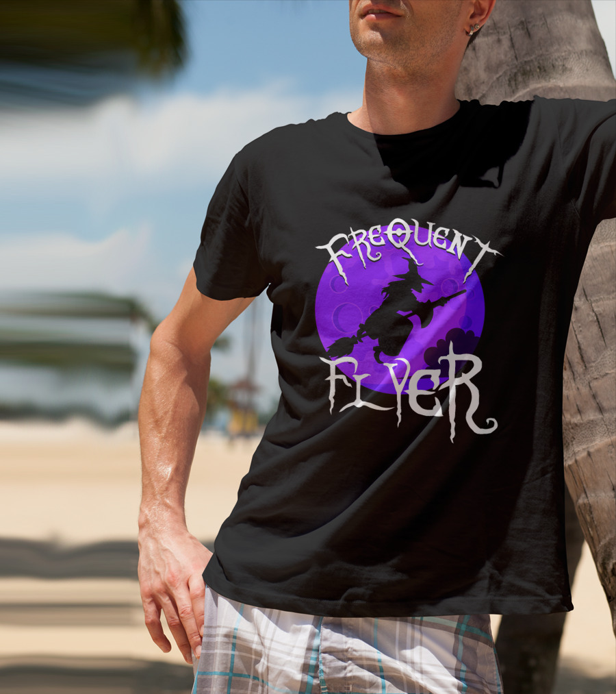 Frequent Flyer Witch Broom Silhouette Against Purple Moon T-Shirt