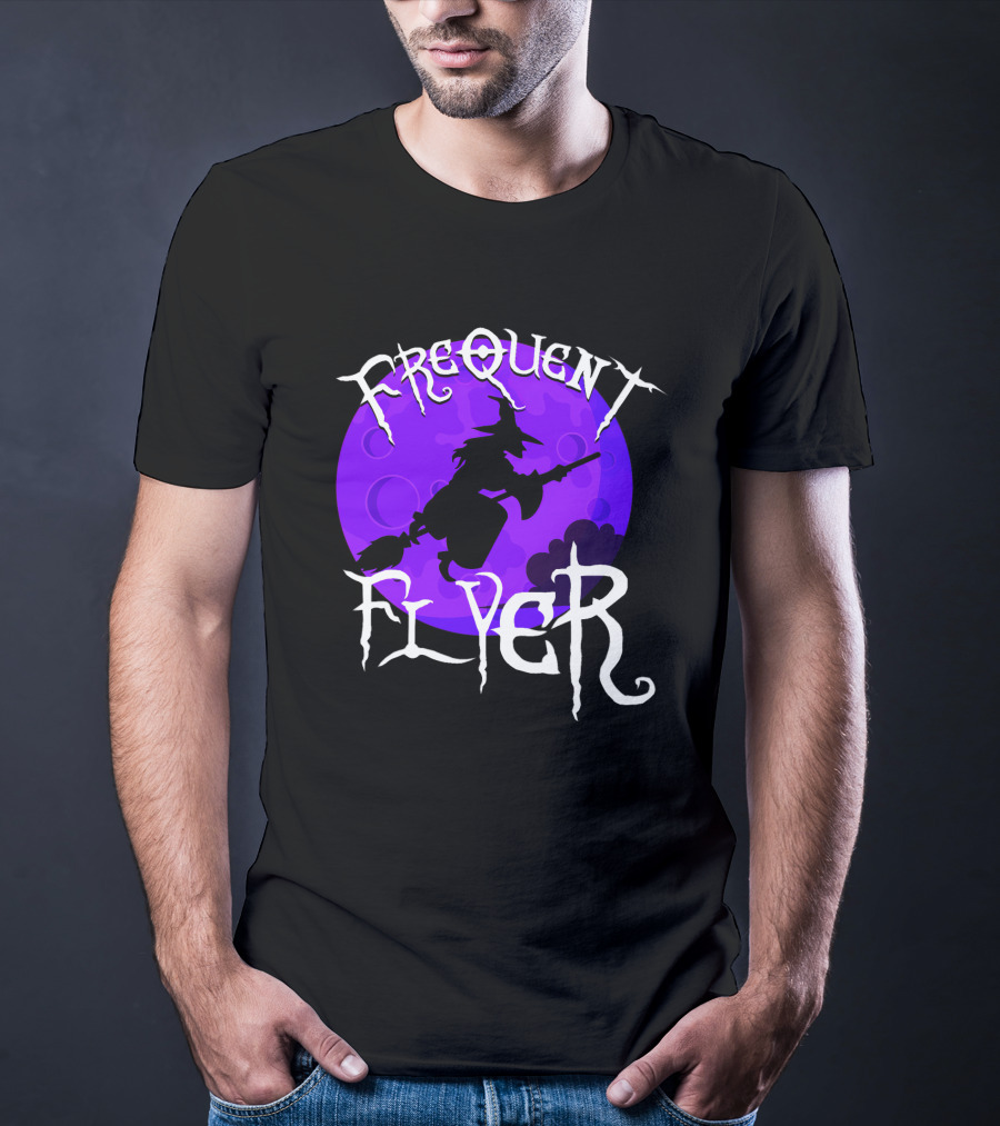 Frequent Flyer Witch Broom Silhouette Against Purple Moon T-Shirt