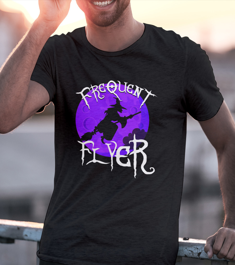 Frequent Flyer Witch Broom Silhouette Against Purple Moon T-Shirt