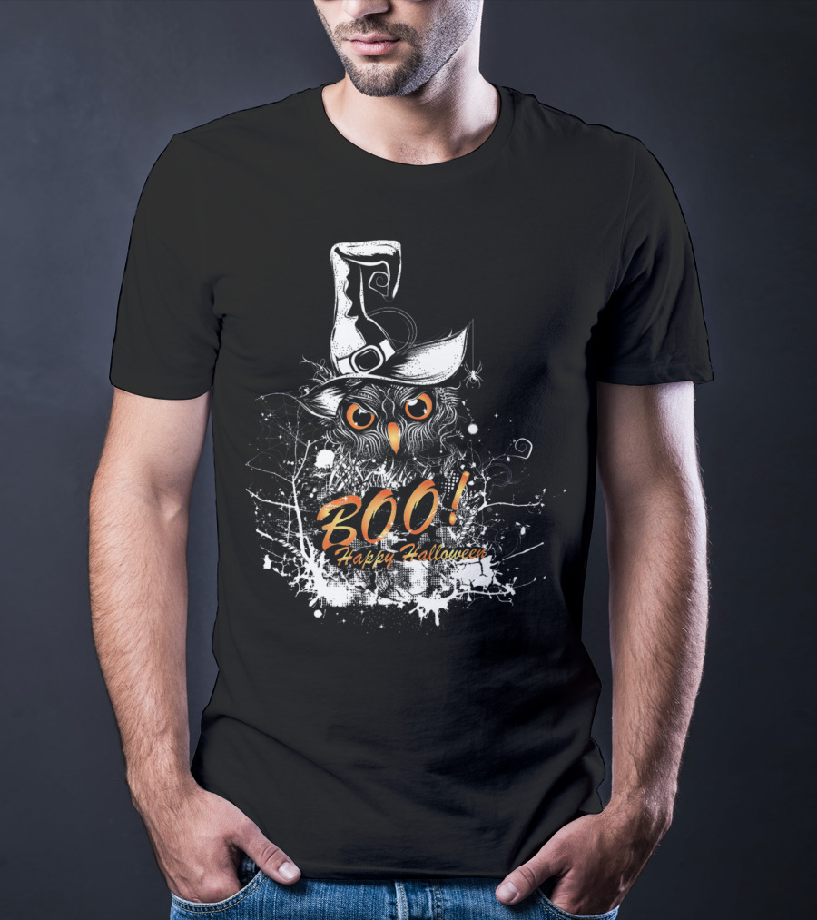 BOO Happy Halloween Owl With Witch Hat T-Shirt