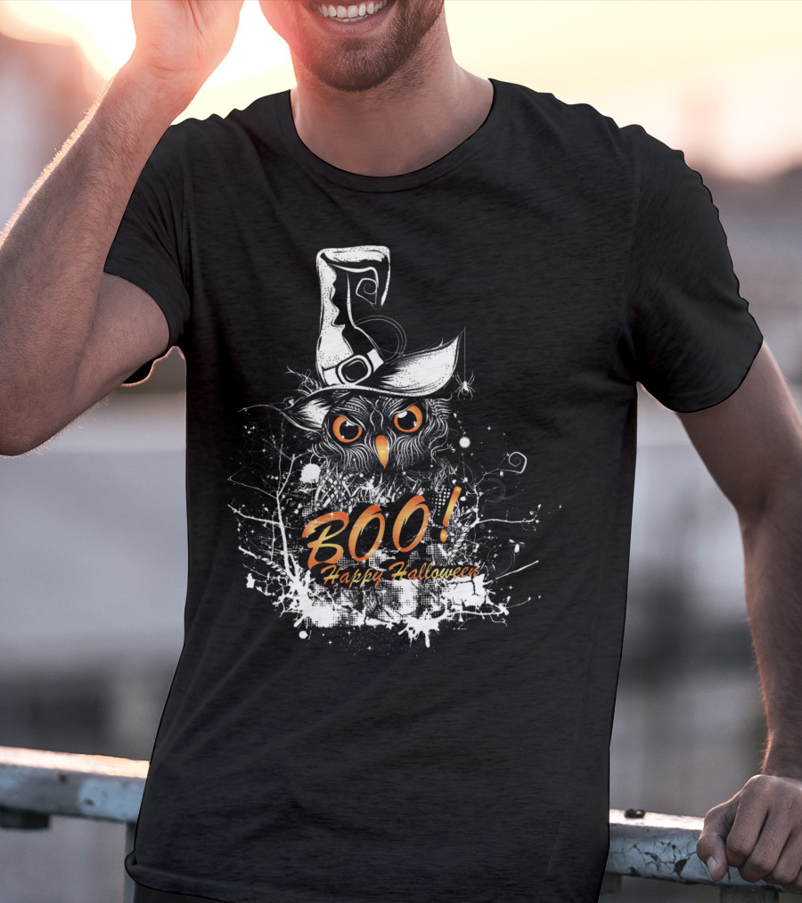 BOO Happy Halloween Owl With Witch Hat T-Shirt