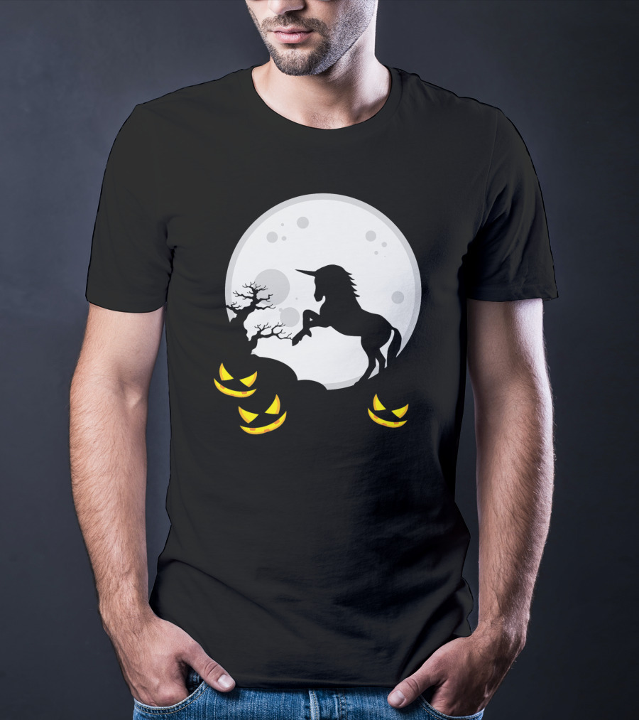 Halloween Unicorn And Jack-O'-Lanterns Full Moon Scene T-Shirt