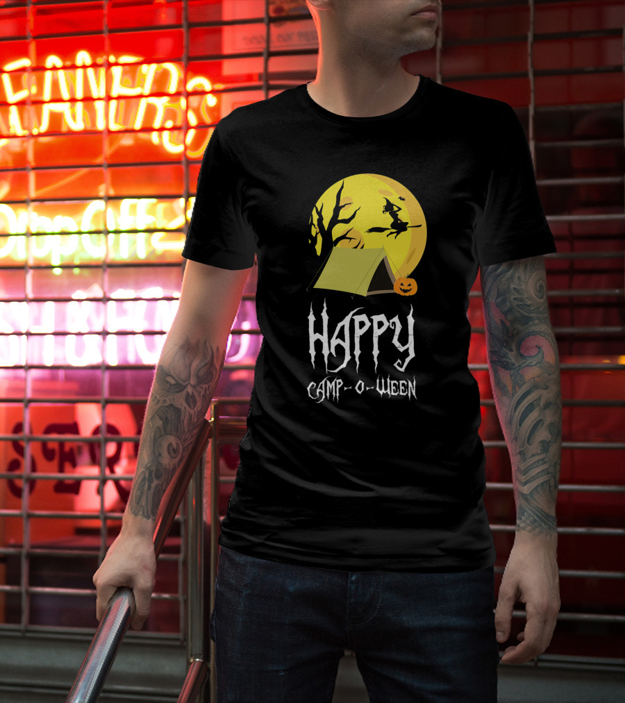 Happy Camp O Ween With Witch And Pumpkin Camping Under Full Moon T-Shirt