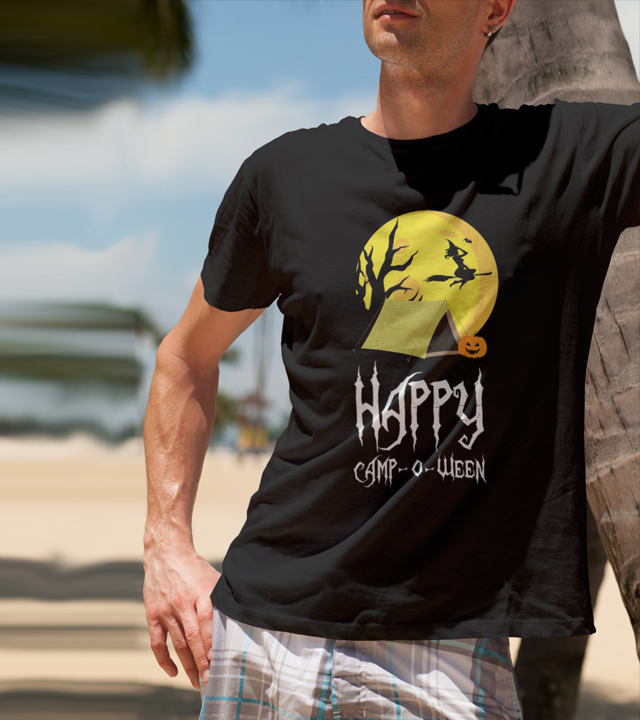 Happy Camp O Ween With Witch And Pumpkin Camping Under Full Moon T-Shirt