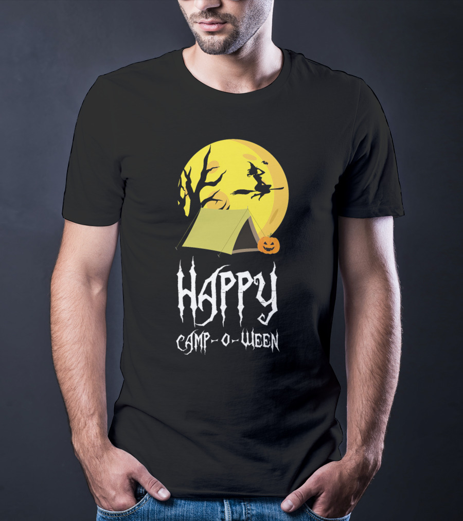 Happy Camp O Ween With Witch And Pumpkin Camping Under Full Moon T-Shirt