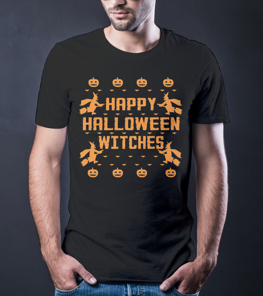Happy Halloween Witches Flying Broomsticks Pumpkins Bats T-Shirt