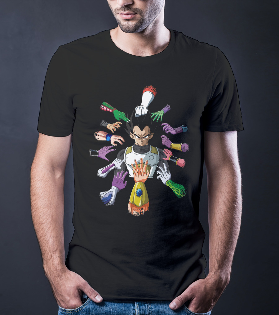 Vegeta Surrounded By Colorful Hands In John Wick T-Shirt