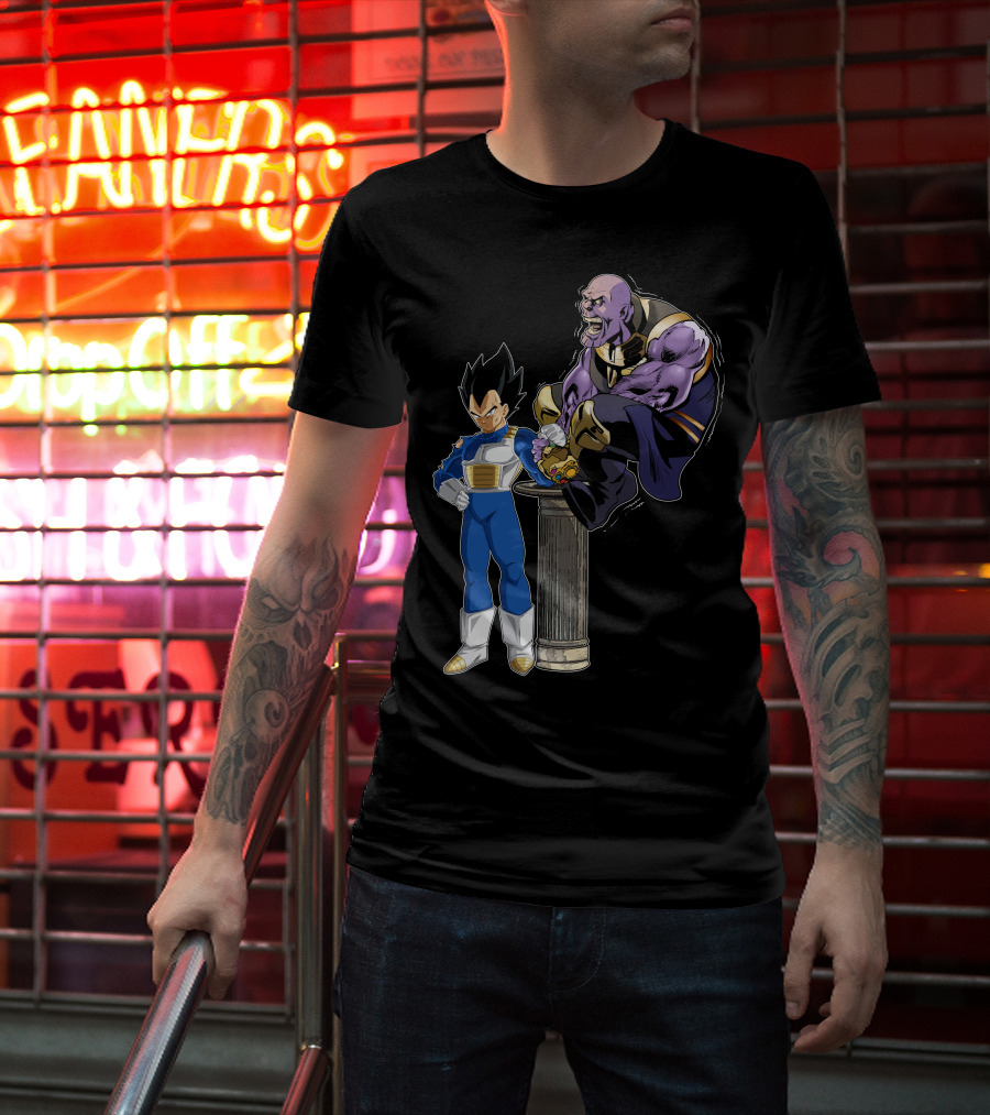 Vegeta And Thanos Arm Wrestling On Stone Pedestal T-Shirt