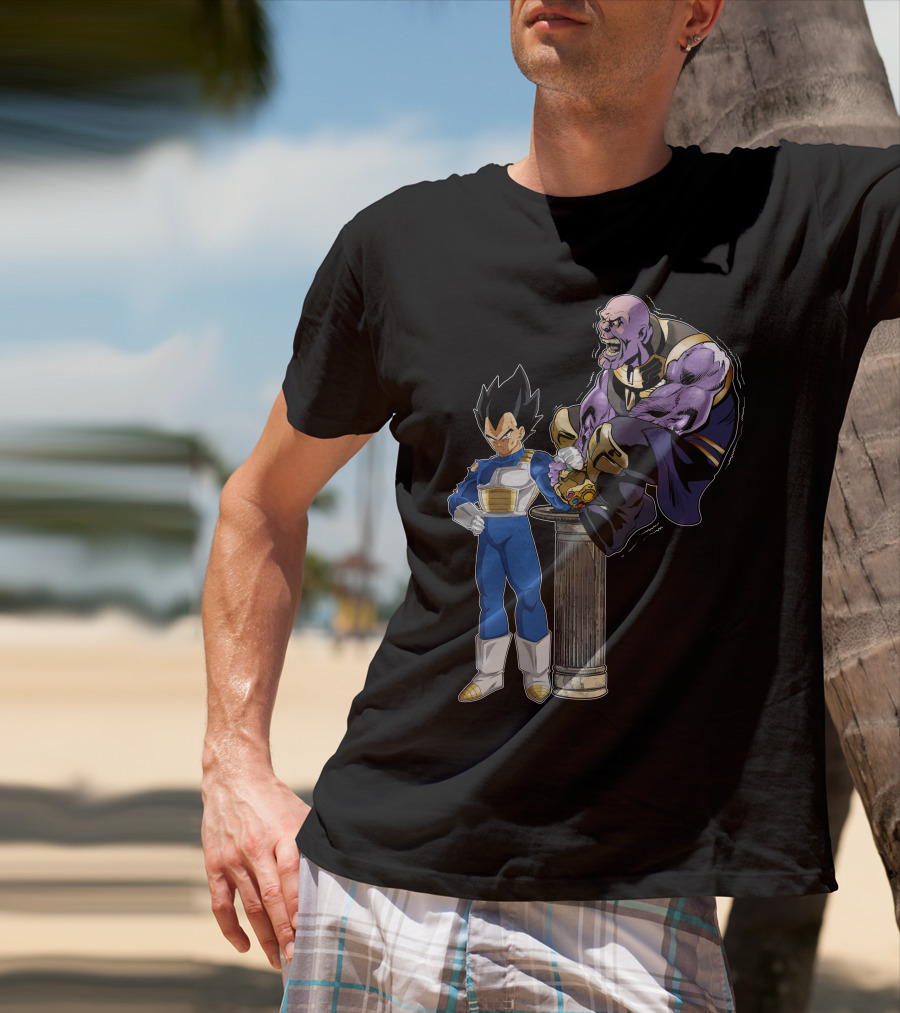 Vegeta And Thanos Arm Wrestling On Stone Pedestal T-Shirt