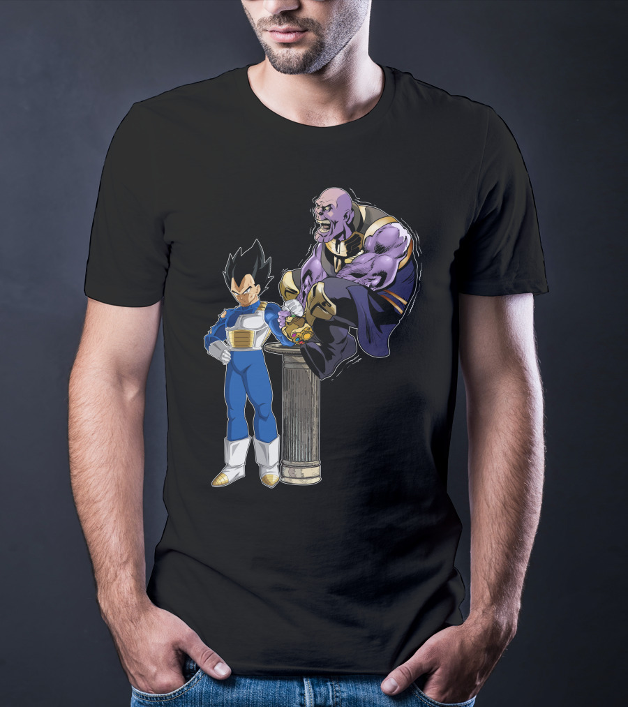 Vegeta And Thanos Arm Wrestling On Stone Pedestal T-Shirt