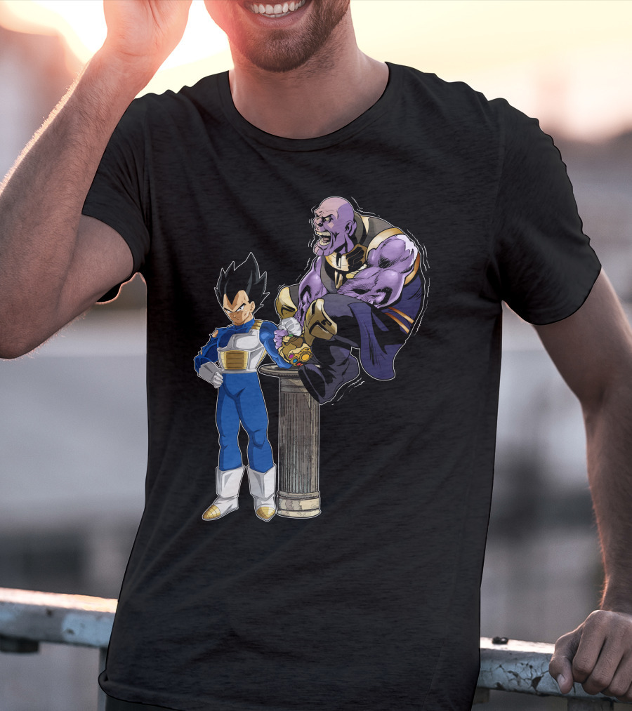 Vegeta And Thanos Arm Wrestling On Stone Pedestal T-Shirt