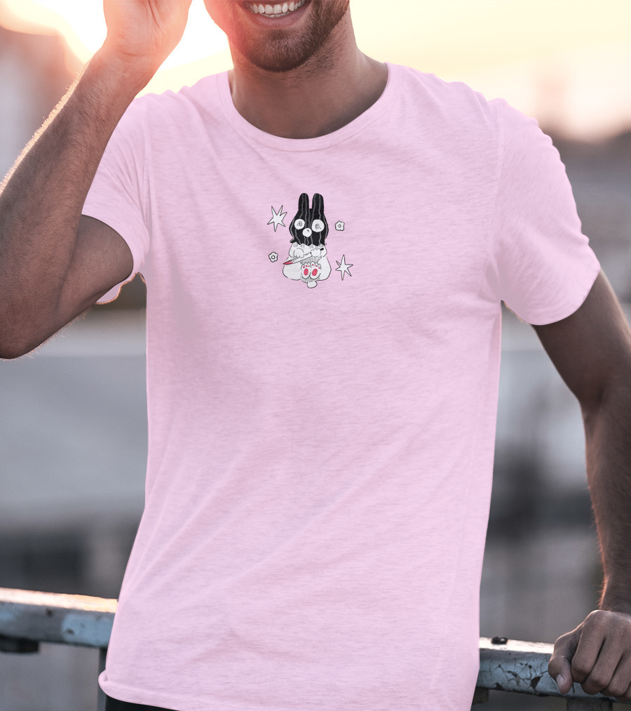Chloe Moriondo Bunny Holding Strawberry With Stars And Flowers On Pink Background T-Shirt