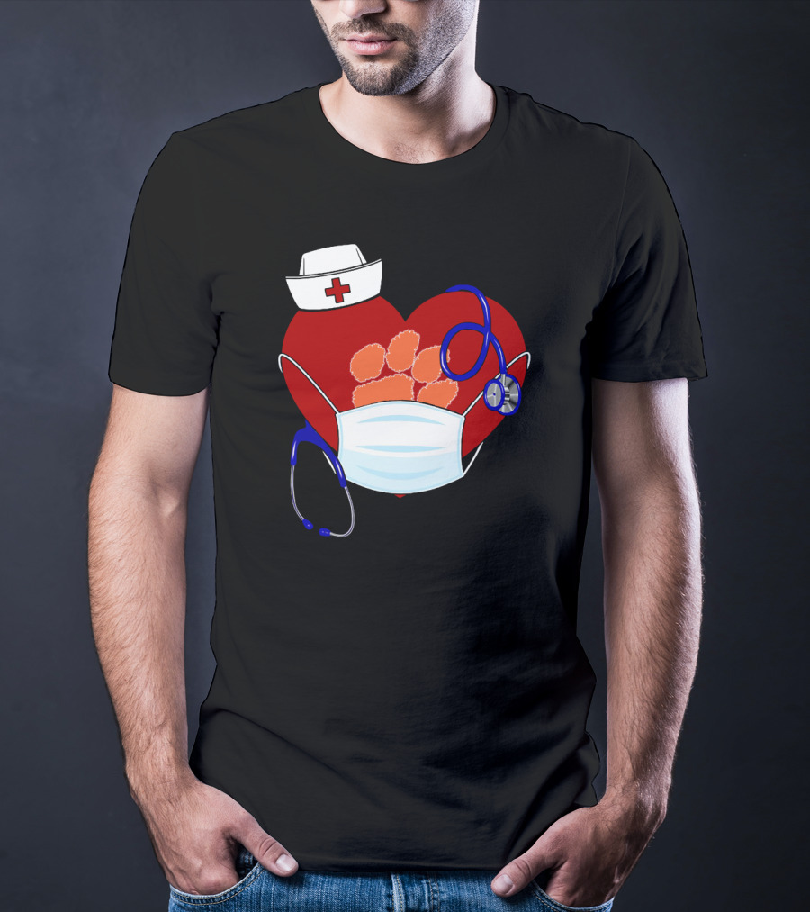 Heart Tigers Nursing Mask Stethoscope Paw Prints T-Shirt