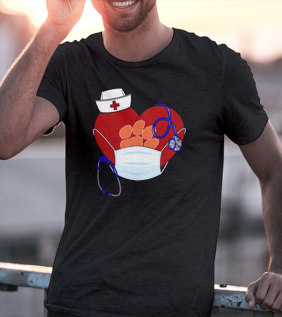 Heart Tigers Nursing Mask Stethoscope Paw Prints T-Shirt