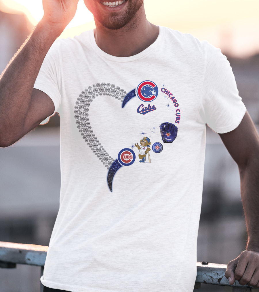 Chicago Cubs Heart Design With Logos And Bear Mascot T-Shirt