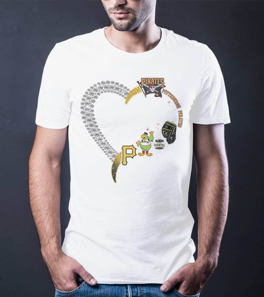Pittsburgh Pirates Heart Logo Skully Parrot Baseball Glove P Patch T-Shirt