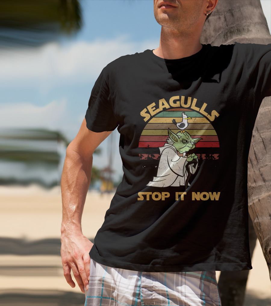 Seagulls STOP IT NOW Retro Yoda Parody With Seagull On Head T-Shirt