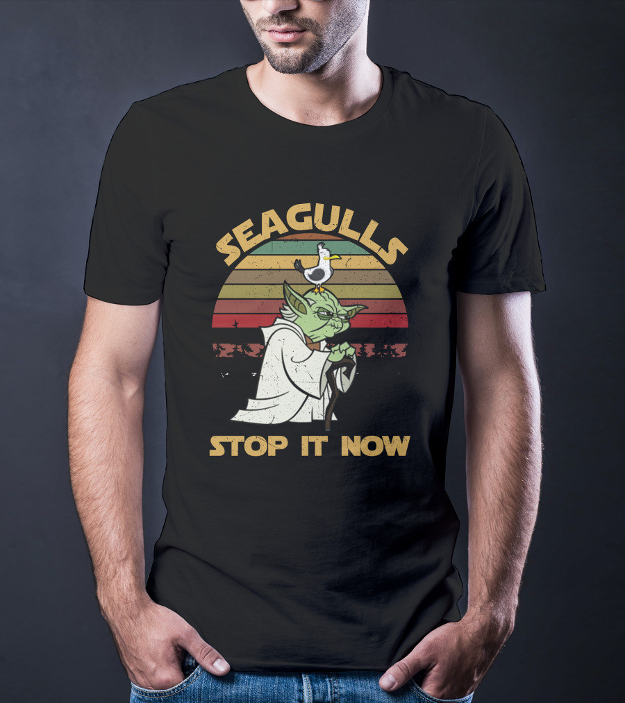 Seagulls STOP IT NOW Retro Yoda Parody With Seagull On Head T-Shirt