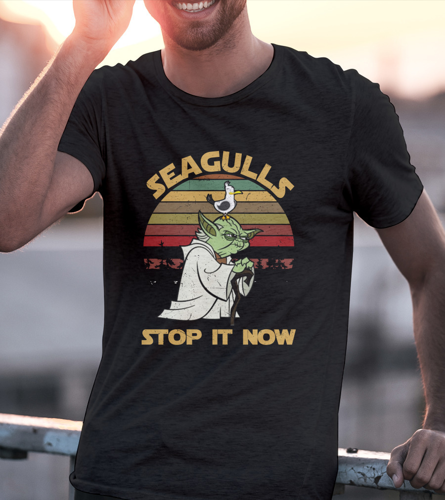 Seagulls STOP IT NOW Retro Yoda Parody With Seagull On Head T-Shirt