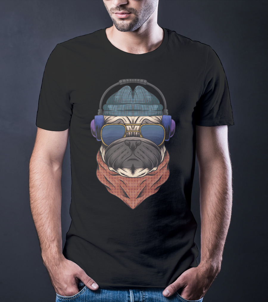 Bulldog Hipster Headphones Bandana Sunglasses Beanie T-Shirt