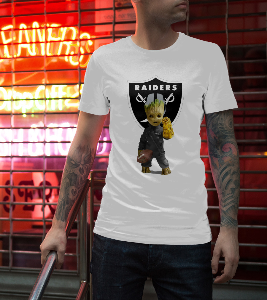 Las Vegas Raiders Groot Holding Football With Gauntlet In Front Of Raiders T-Shirt