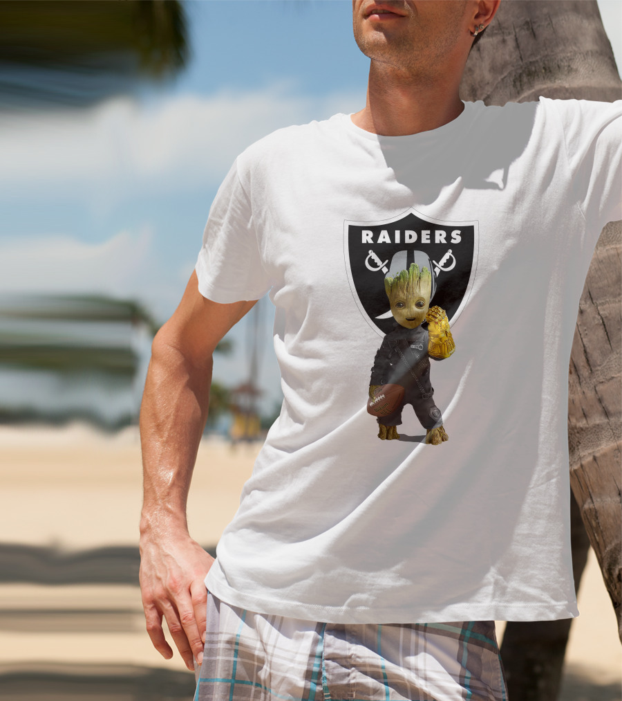 Las Vegas Raiders Groot Holding Football With Gauntlet In Front Of Raiders T-Shirt