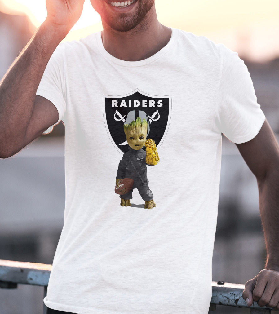 Las Vegas Raiders Groot Holding Football With Gauntlet In Front Of Raiders T-Shirt