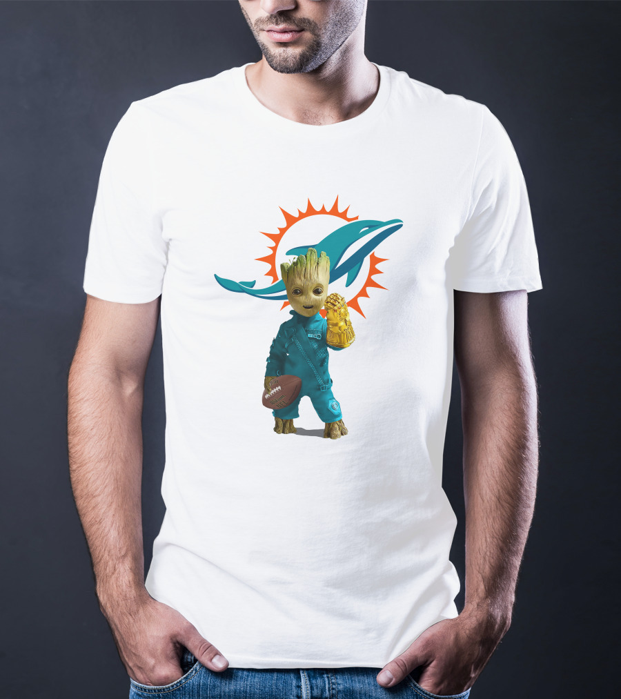 Miami Dolphins Groot Holding Football And Infinity Gauntlet T-Shirt