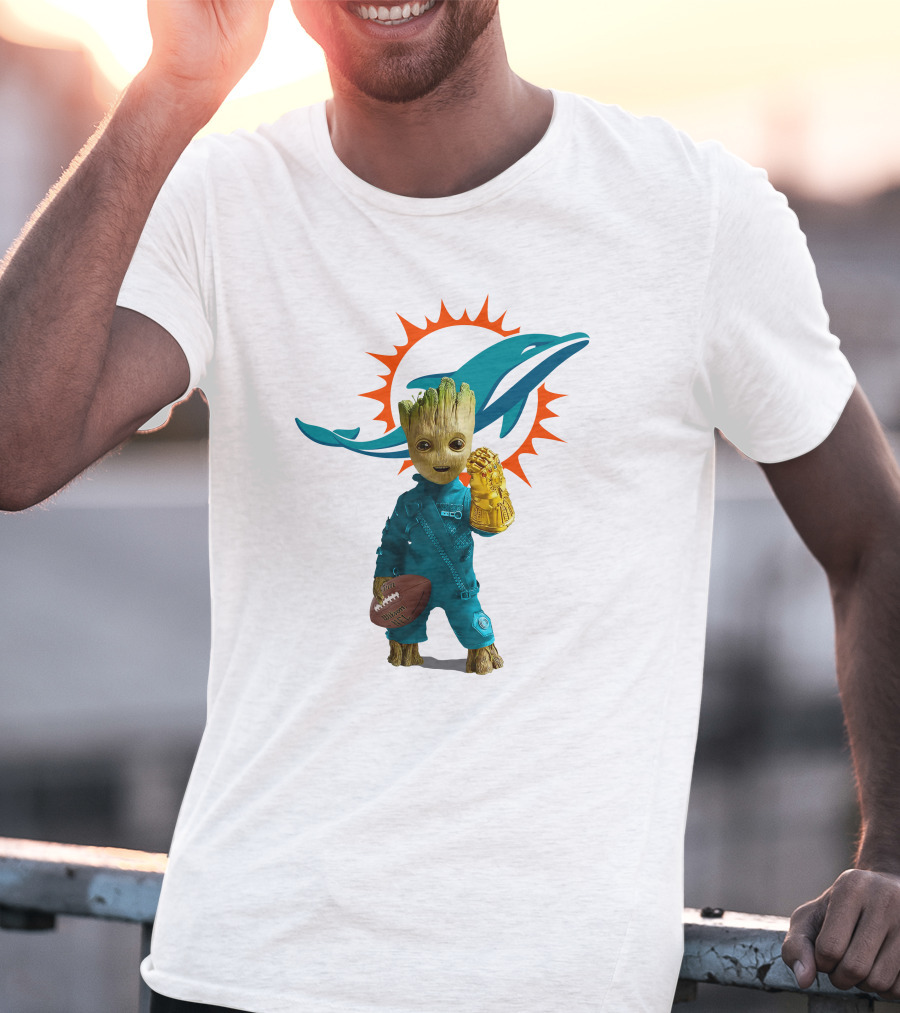 Miami Dolphins Groot Holding Football And Infinity Gauntlet T-Shirt