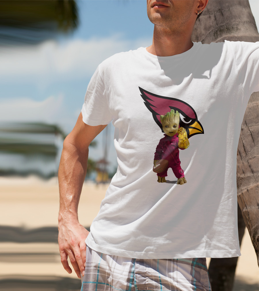 Arizona Cardinals Groot Holding Football And Infinity Gauntlet T-Shirt