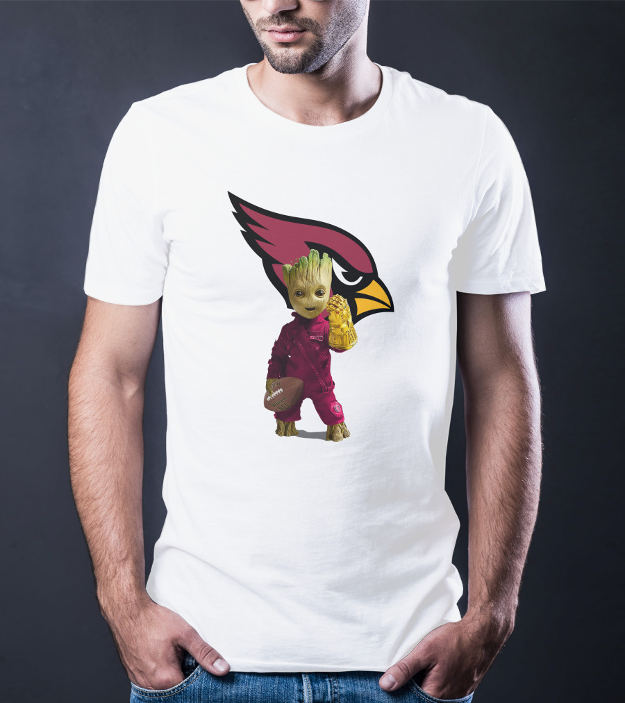 Arizona Cardinals Groot Holding Football And Infinity Gauntlet T-Shirt