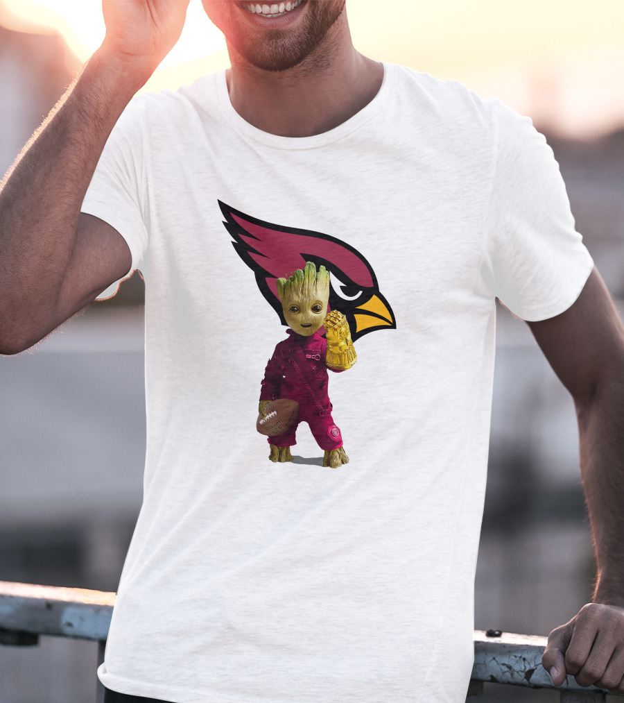 Arizona Cardinals Groot Holding Football And Infinity Gauntlet T-Shirt