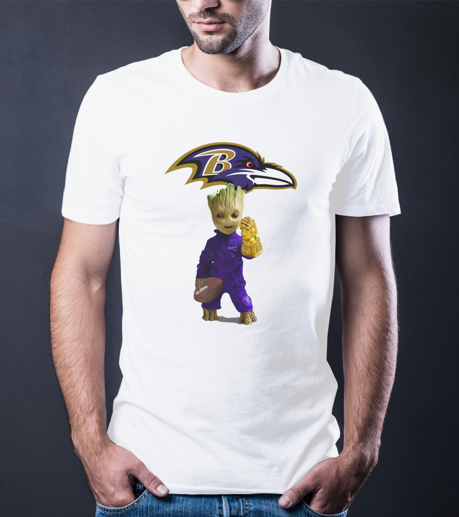 Baltimore Ravens Groot Holding Football And Infinity Gauntlet T-Shirt