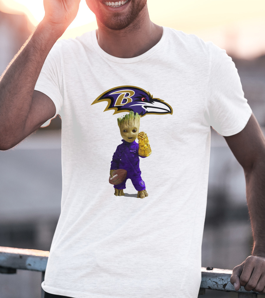 Baltimore Ravens Groot Holding Football And Infinity Gauntlet T-Shirt