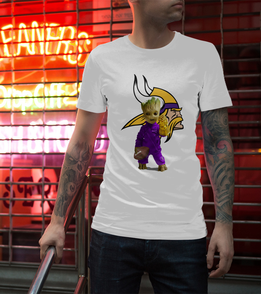 Minnesota Vikings Groot Holding Football And Infinity Gauntlet T-Shirt