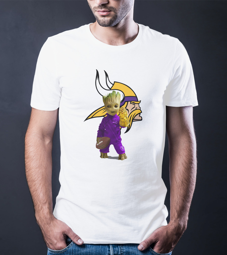 Minnesota Vikings Groot Holding Football And Infinity Gauntlet T-Shirt