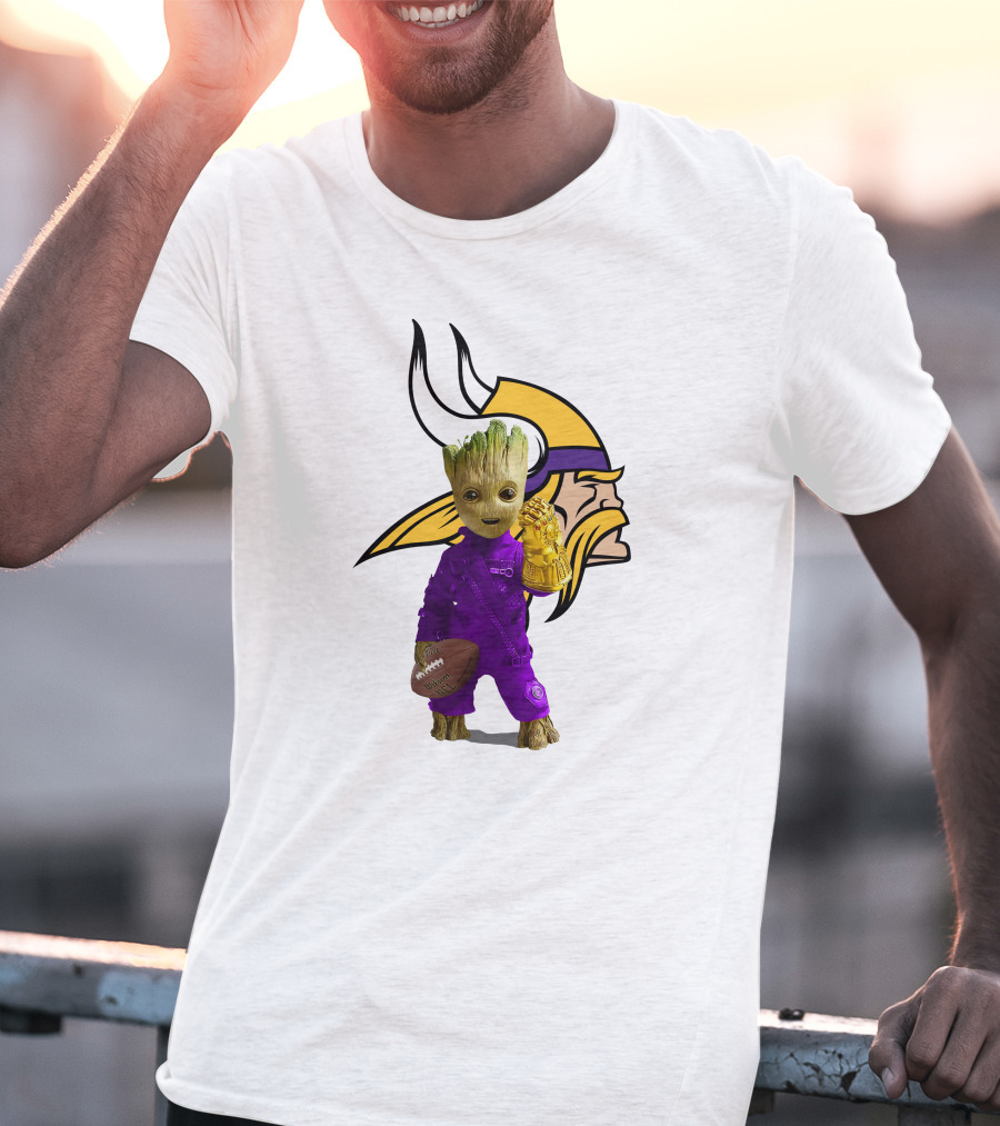 Minnesota Vikings Groot Holding Football And Infinity Gauntlet T-Shirt