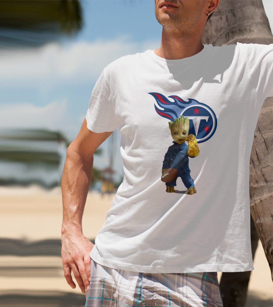 Groot Holding Football Tennessee Titans Logo Infinity Gauntlet T-Shirt