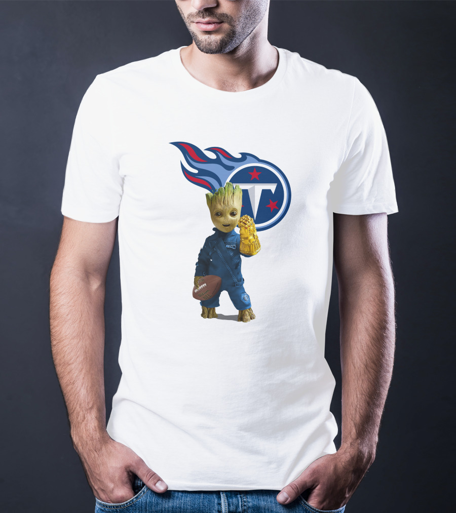 Groot Holding Football Tennessee Titans Logo Infinity Gauntlet T-Shirt