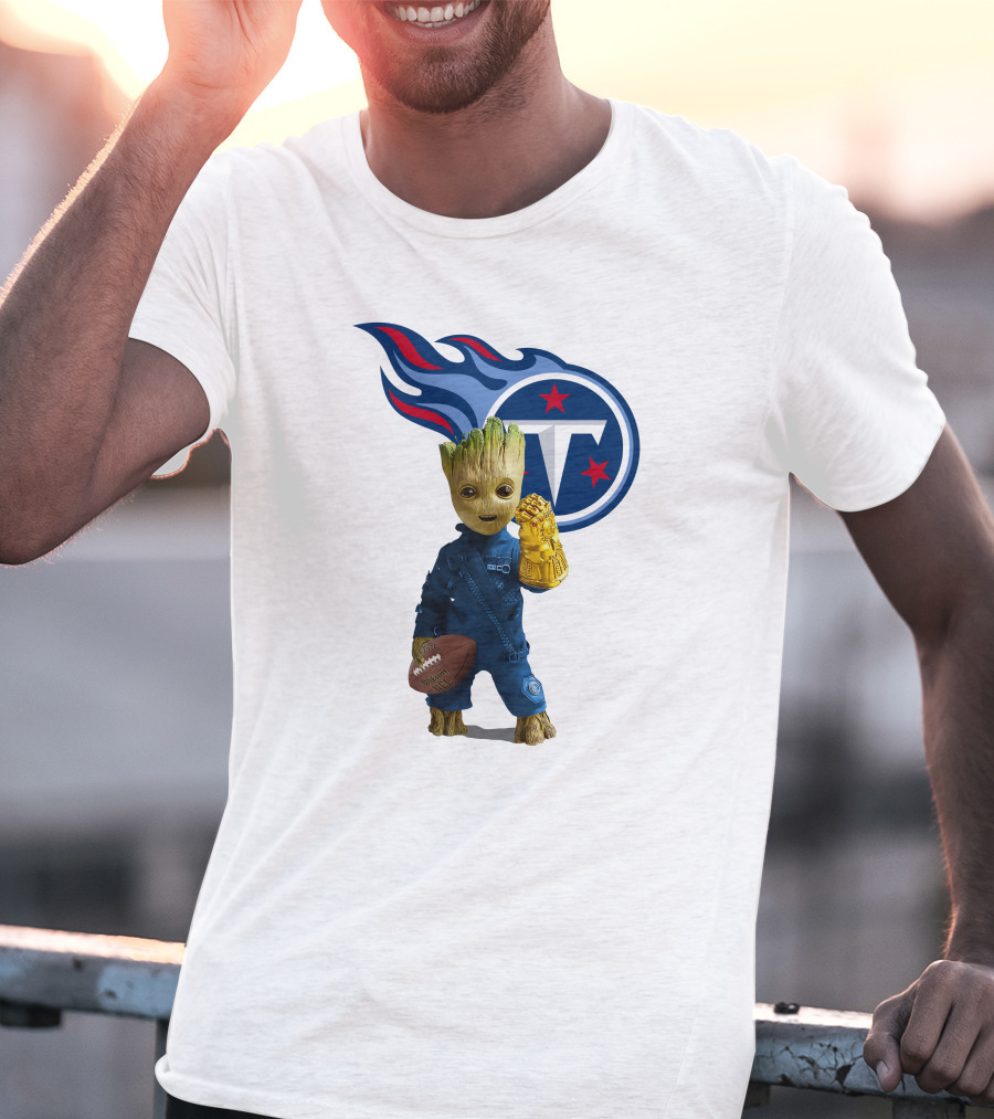 Groot Holding Football Tennessee Titans Logo Infinity Gauntlet T-Shirt