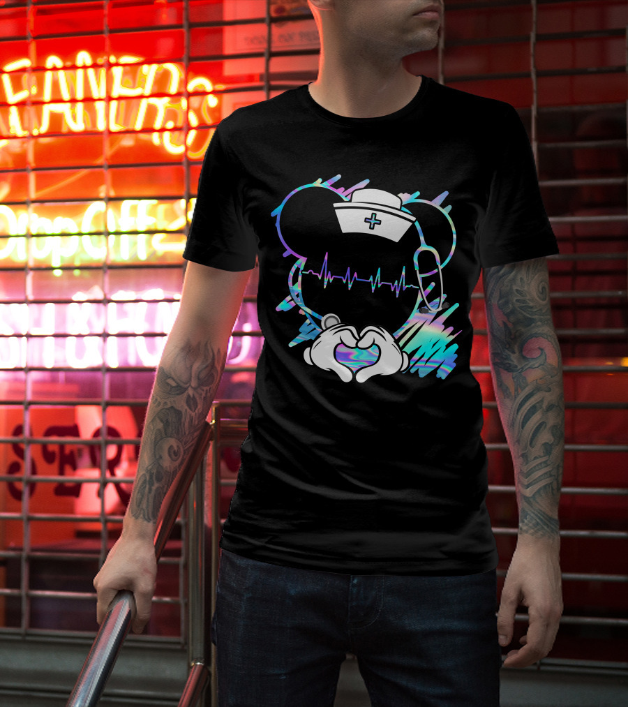 Nurse Disney Mickey Nurse Heartbeat Holographic T-Shirt