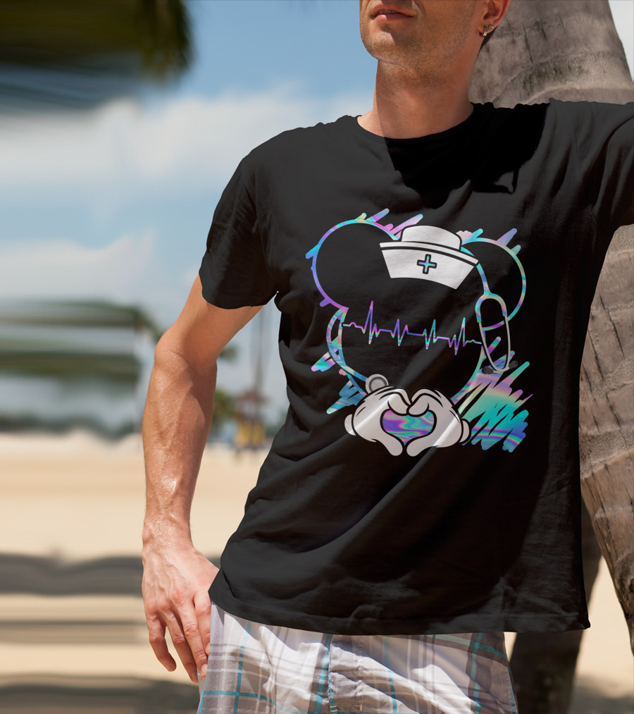 Nurse Disney Mickey Nurse Heartbeat Holographic T-Shirt