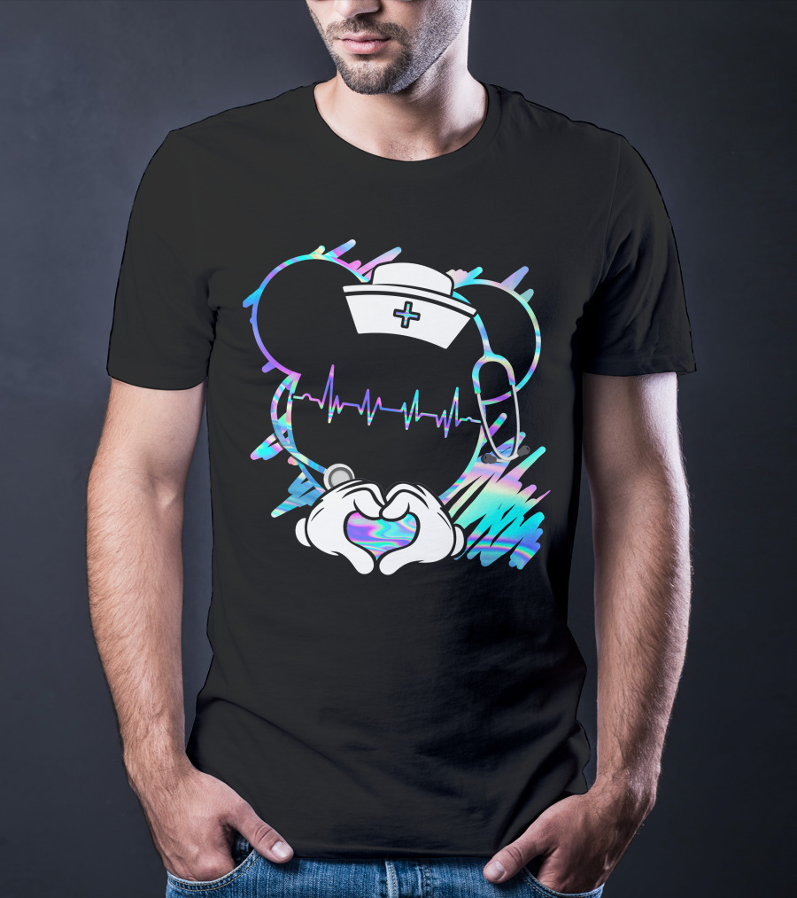 Nurse Disney Mickey Nurse Heartbeat Holographic T-Shirt